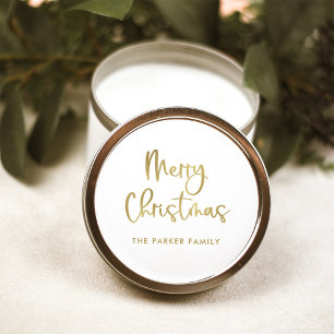 Merry Christmas Faux Gold on White Casual Script Classic Round Sticker