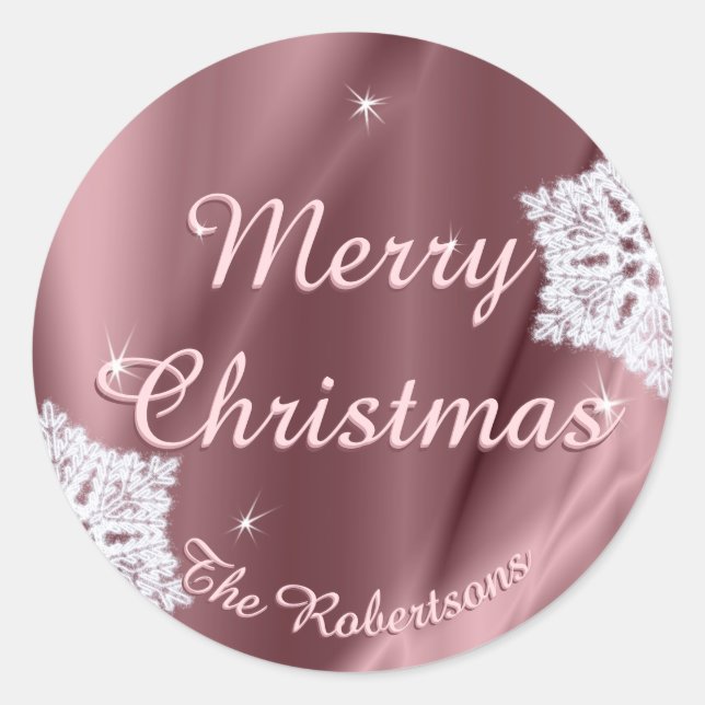 Merry Christmas Faux Rose Gold Custom Snowflakes Classic Round Sticker (Front)