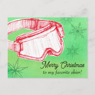 Merry Christmas Favourite Skier Goggles Green Holiday Postcard