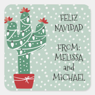 Merry Christmas Feliz Navidad Cactus Square Sticker