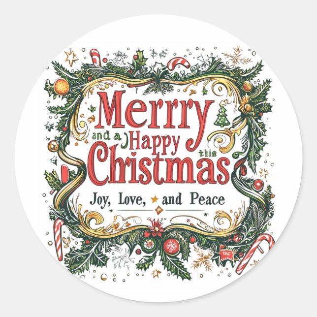 Merry Christmas Festive Art – Joy, Love, and Peace Classic Round Sticker (Front)