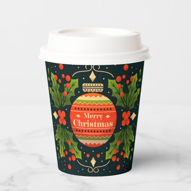 Merry Christmas Festive Bauble Floral Holly Paper Cups (Front)