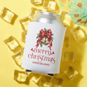 Merry Christmas Festive Bells Red Bow Can Cooler