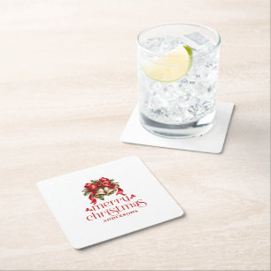 Merry Christmas Festive Bells Red Bow Square Paper Coaster