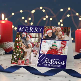 Merry Christmas Festive Blue And White Three Photo Holiday Card