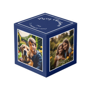 Merry Christmas Festive Blue Custom Photo Cube