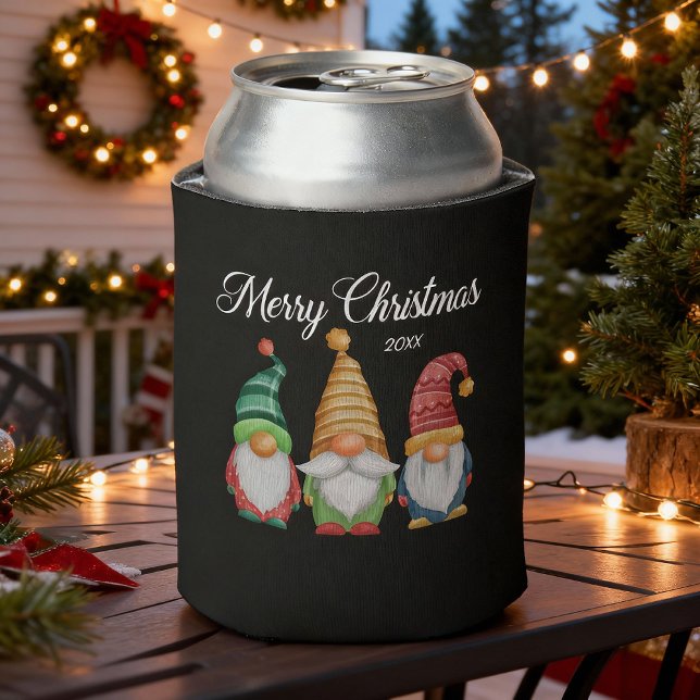 Merry Christmas Festive Colourful Gnomes Black Can Cooler (Creator Uploaded)