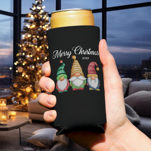 Merry Christmas Festive Colourful Gnomes Black Seltzer Can Cooler
