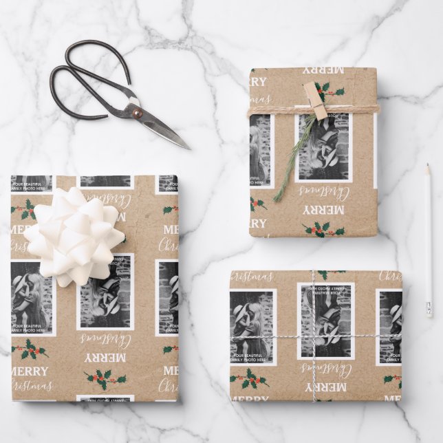 Merry Christmas Festive Customised Photo - Kraft  Wrapping Paper Sheet (Front)