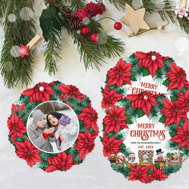 Merry Christmas Festive Floral Custom Name Photo  Tree Decoration Card (Creator Uploaded)