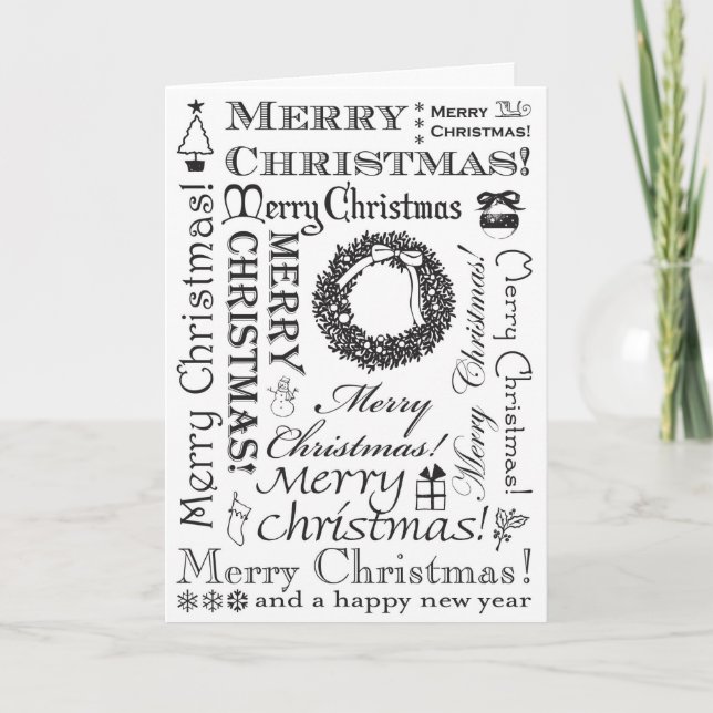 Merry Christmas Festive Fonts BW Holiday Card (Front)