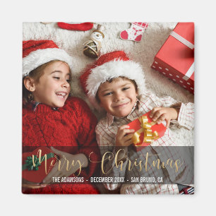 Merry Christmas Festive Gold Typography Photo Magnet