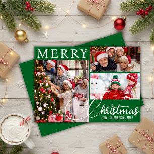 Merry Christmas Festive  Green & White Three Photo Holiday Card