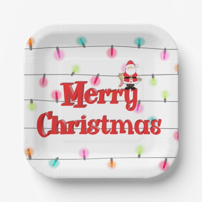 Merry Christmas Festive Holiday Lights with Santa  Paper Plate (Front)