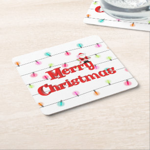 Merry Christmas Festive Holiday Lights with Santa Square Paper Coaster