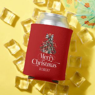 Merry Christmas Festive Holiday Tree Monogram Can Cooler