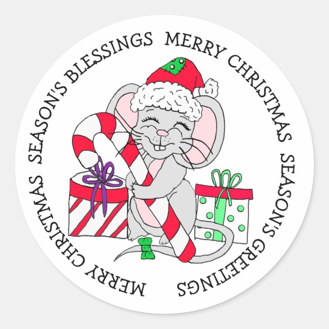 Merry Christmas Festive Mouse with Presents Classic Round Sticker (Front)