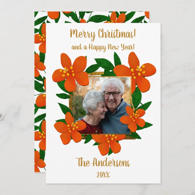 Merry Christmas | Festive Orange Red Florals Photo Holiday Card (Front/Back)