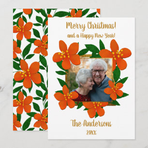 Merry Christmas   Festive Orange Red Florals Photo Holiday Card