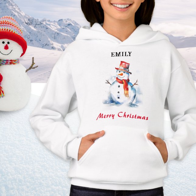 Merry Christmas Festive Personalised Snowman (A personalized hoodie with snowman illustration in watercolor style and 'Merry Christmas' greeting)