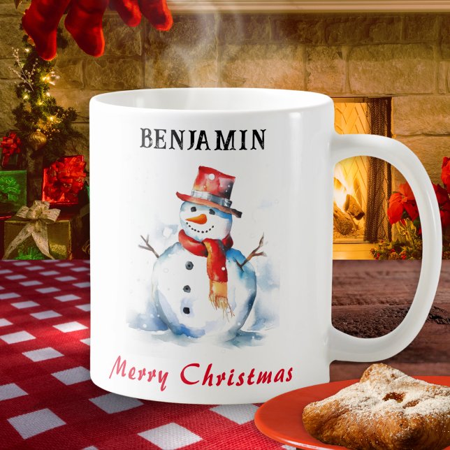 Merry Christmas Festive Personalised Snowman Coffee Mug (A personalized Christmas mug for hot drinks, with illustration of a snowman in a watercolor style)