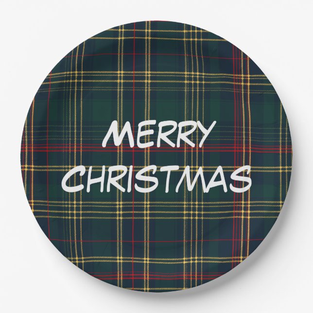 Merry Christmas Festive Plaid Paper Plates (Front)