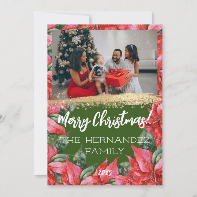Merry Christmas Festive Poinsettia Family Photo   Holiday Card (Front)
