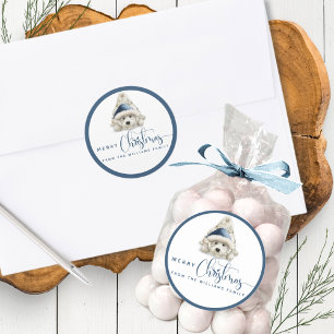 Merry Christmas, Festive Puppy, Blue and White Classic Round Sticker