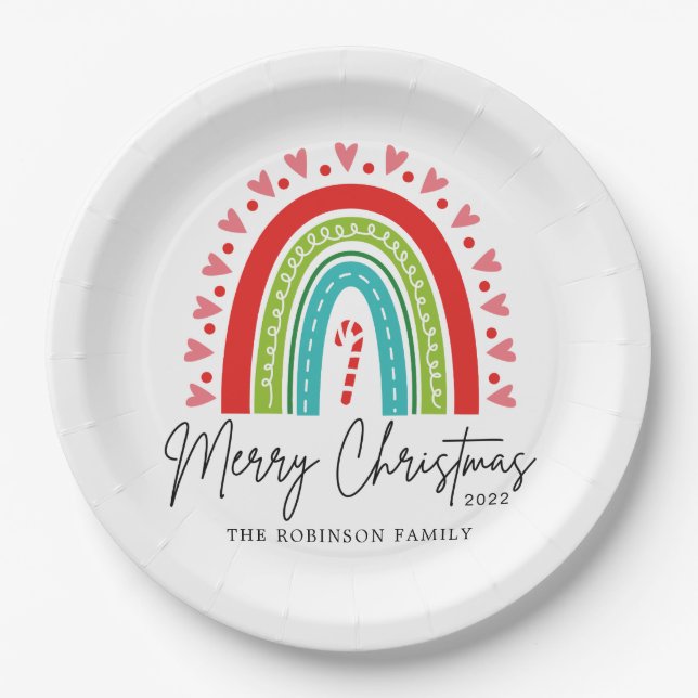 Merry Christmas Festive Rainbow Candy Cane Heart Paper Plate (Front)