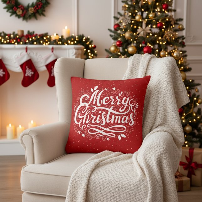 Merry Christmas Festive Red and White Holiday Cushion (Merry Christmas Festive Red and White Holiday Throw Pillow)