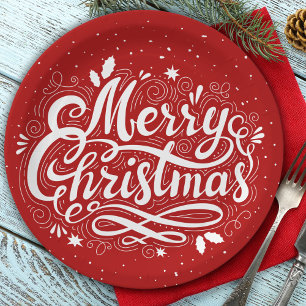 Merry Christmas Festive Red and White Paper Plate