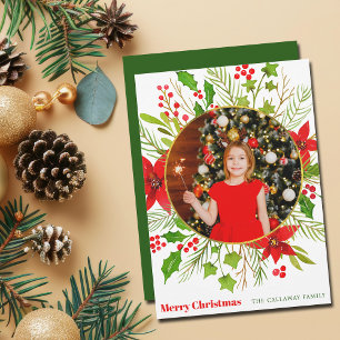 Merry Christmas Festive Red Poinsettia Kids Photo Holiday Card
