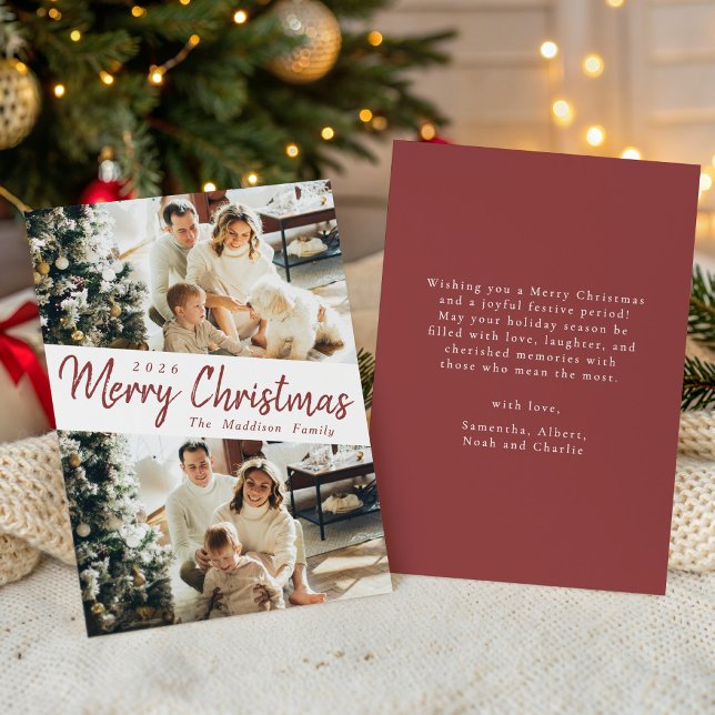 Merry Christmas Festive Red Script Diagonal Photos Holiday Card (Creator Uploaded)