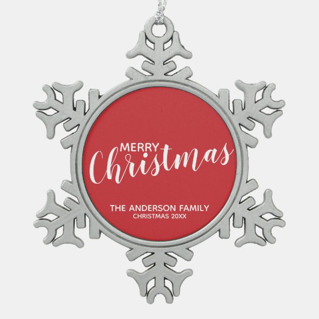 'Merry Christmas' Festive Red Snowflake Pewter Christmas Ornament (Front)