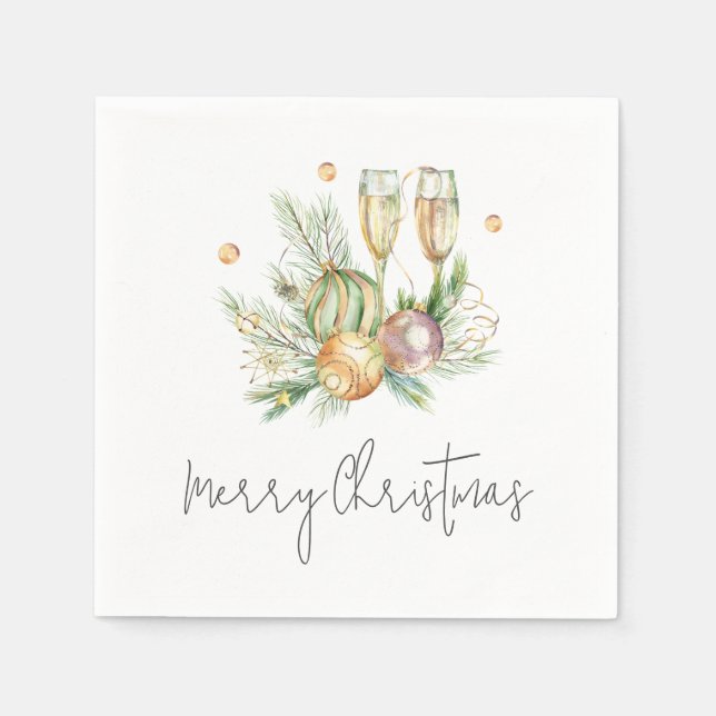 Merry Christmas Festive Red Watercolor Champagne  Napkin (Front)