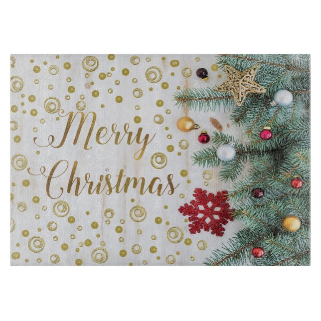Merry Christmas Festive Tree Gold Circles Cutting Board (Front)