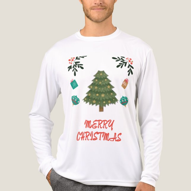 Merry Christmas – Festive Tree & Holiday Ornaments Tri-Blend Shirt (Front)
