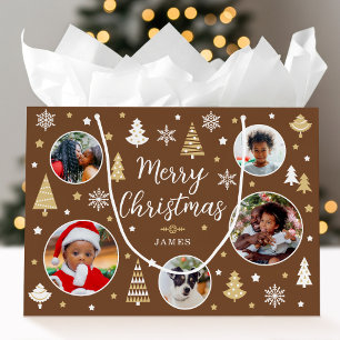 Merry Christmas Festive Trees Photo Name Brown Large Gift Bag