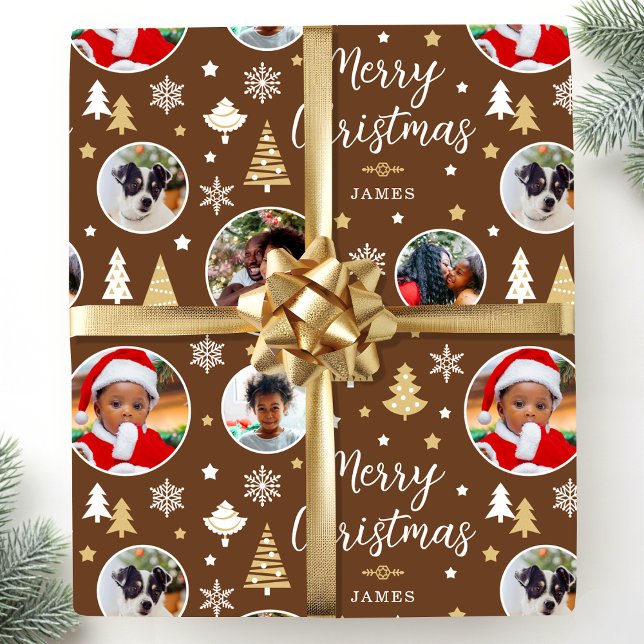 Merry Christmas Festive Trees Photo Name Brown Wrapping Paper (Creator Uploaded)
