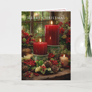 Merry Christmas  Fireplace Red Candles Pine Cones Card
