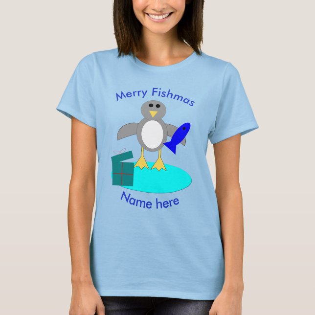 Merry Christmas Fishing Penguin Custom T Shirt (Front)