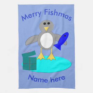 Merry Christmas Fishing Penguin Custom Towel