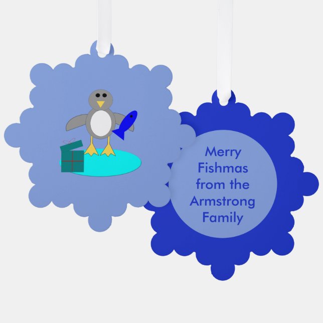 Merry Christmas Fishing Penguin Custom Tree Decoration Card (Front/Back)