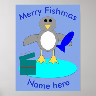 Merry Christmas Fishing Penguin Poster
