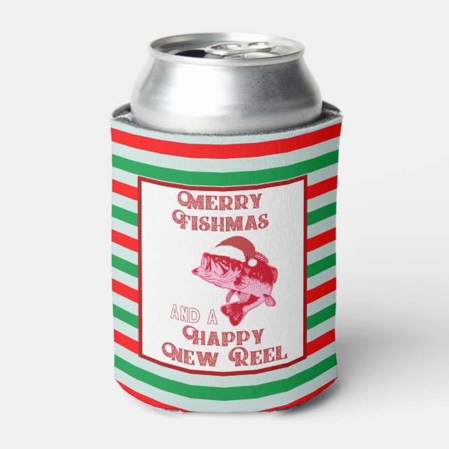 Merry Christmas Fishmas Holiday Fishing Beer Can Cooler (Can Front)