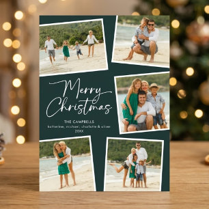 Merry Christmas Five Photo Collage Forest Green Holiday Card