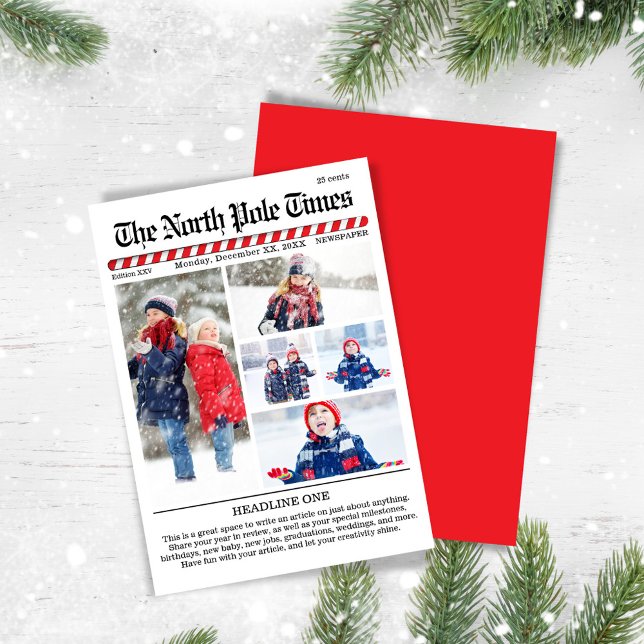 Merry Christmas Five Photo Collage Newspaper Holiday Card (The North Pole Times Multi photo holiday greeting card.)