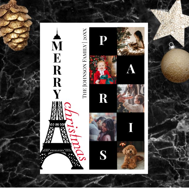 Merry Christmas Five Photo Eiffel Tower Paris Holiday Card (Creator Uploaded)