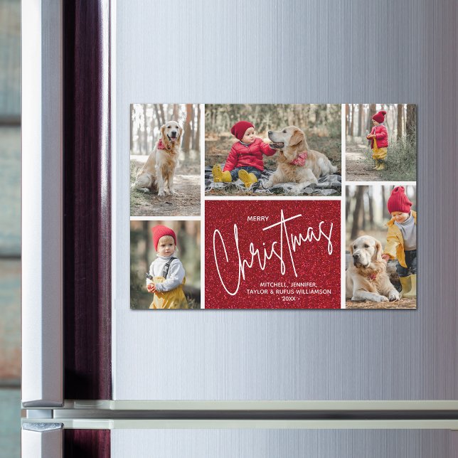 Merry Christmas Five Photos Magnetic Card (Merry Christmas Five Photo Collage on Red Faux Glitter Magnetic Cards)