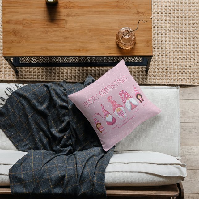 Merry Christmas Five Pink Gnomes Family Cushion (Custom Pink Christmas Family Gnome Throw Pillow - Personalized, Festive, and Heartwarming.)